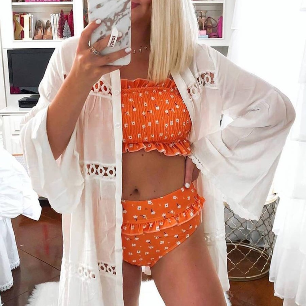 NWT 🌼 Floralkini Orange Ruffle High Waist Bikini